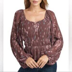 Stitch Fix Le Serein NWT Maroon Pink Pleated Floral Long Sleeve Blouse